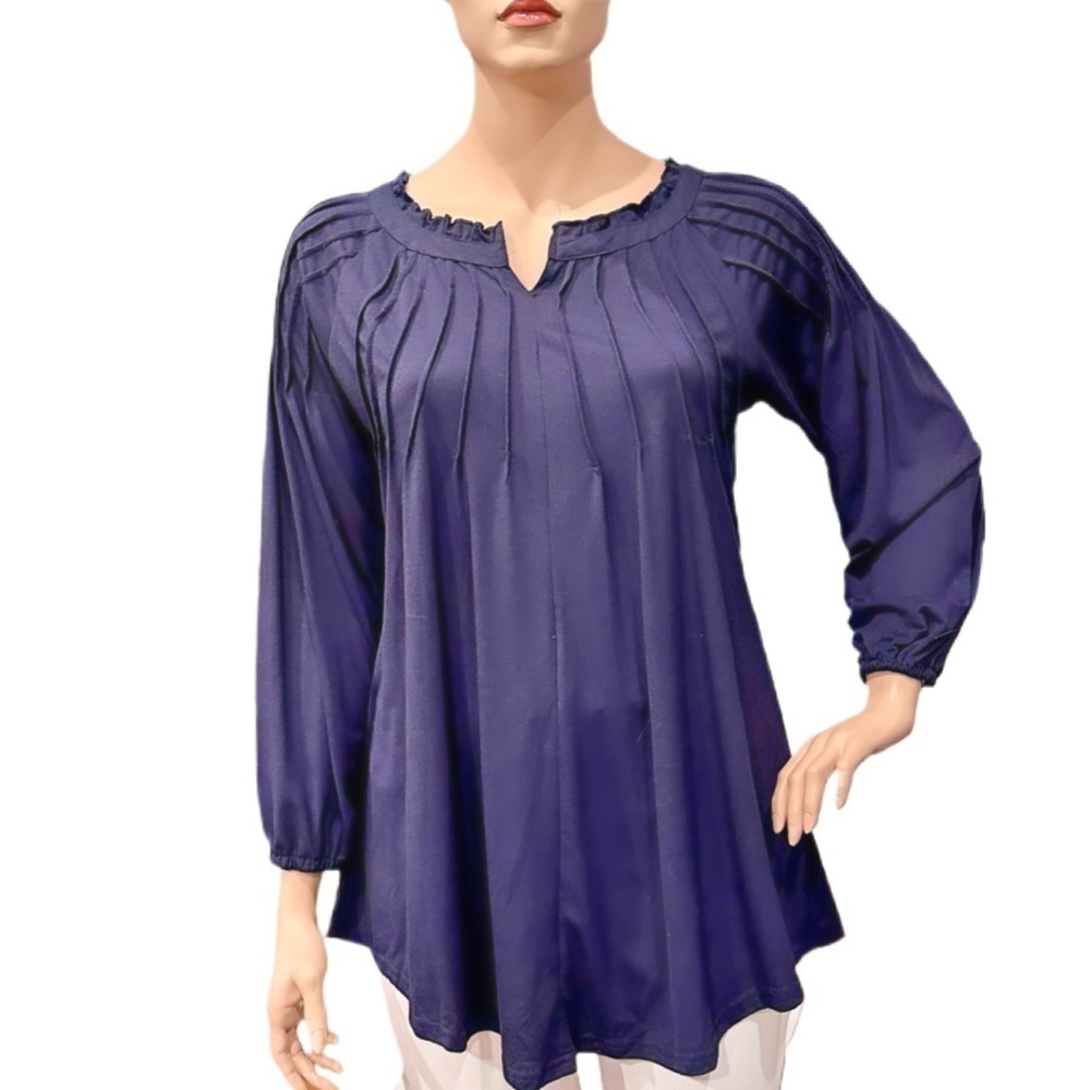 Reborn Pin-Tuck Tunic Size 1X Navy Blue Long Sleeves Shirttail, Notched Neck NWT